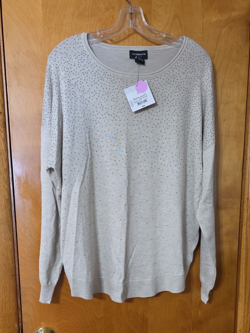 Liz Claiborne Light Beige Crewneck Sweater with Stud Accents